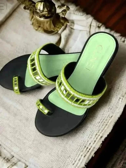 Womens Green Mirrored Beads Heels